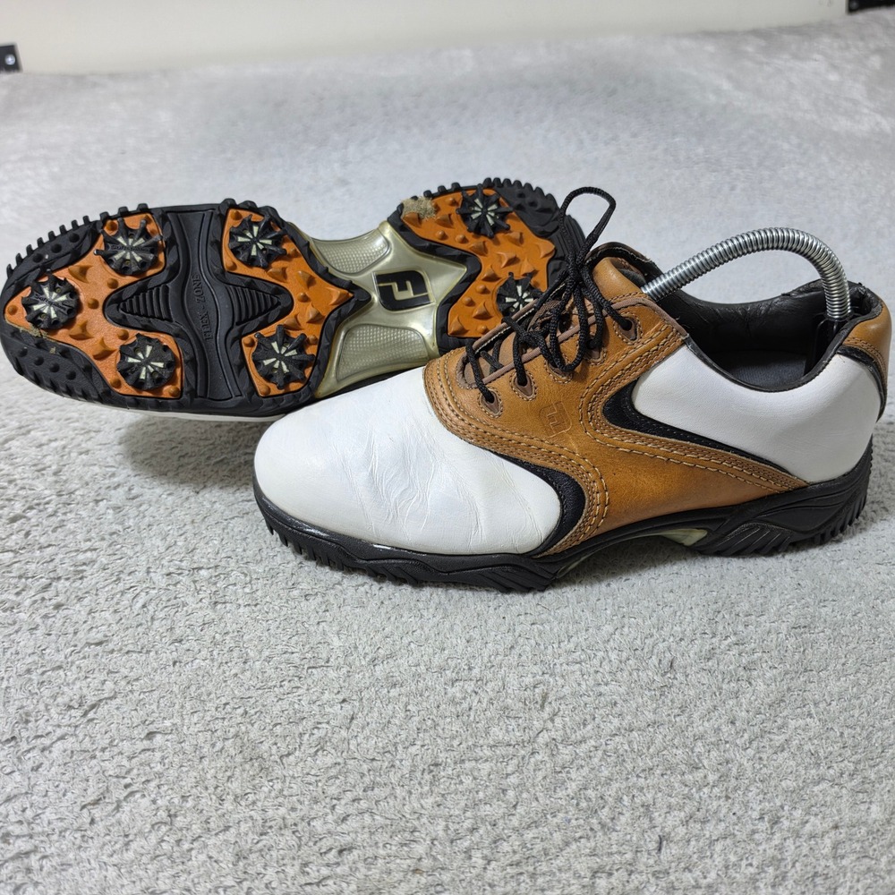 FootJoy Contour Series‎ Golf Shoes Mens 9 Wide White Tan Brown Cleats 54002